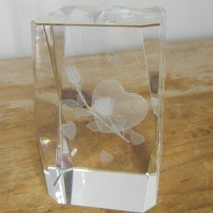 3D Laser Etched Rectangular Prism Crystal Glass Heart & Rose Paper Weight 3" 1Lb